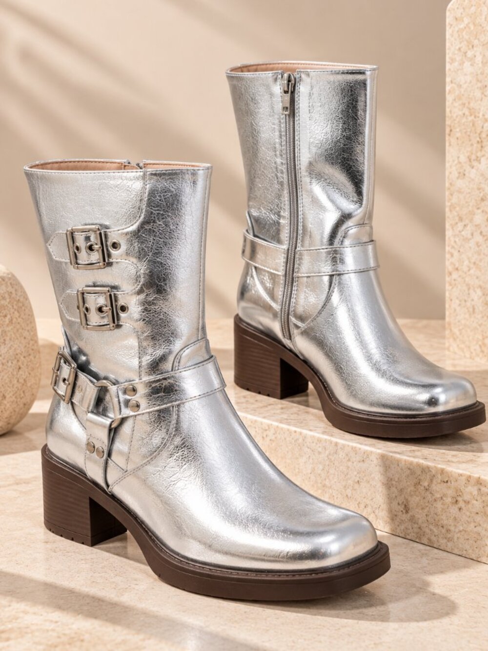 Women’s Metallic Moto Boots Silver Buckle Strap Mid Calf Block Heel Biker Boots